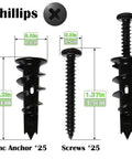 Fifty Pieces Size 8 Self Drilling Drywall Anchors And Screws Kit For Wall Mounting Includes Twenty Five Heavy Duty Hollow Sheetrock Anchors And Twenty Five One Quarter Inch Screws No Pre Drill Hole Required Holds Up To 75 Lbs shown with measurements.