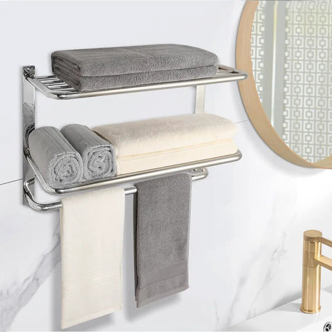 3 Tier Bathroom Towel Rack Wall Mount In Brushed Nickel SUS 304 Stainless Steel Tall Tower Holder For Towels Robes And Clothes Rust Proof 23 Inch Towel Shelf And Hanger Space Saving Organizer Must Have, featuring folded towels and hanging robes, installed on a bathroom wall next to a mirror.