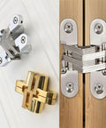 Hidden Cross Hinges For Doors 4 Pack 180 Degree Opening Stainless Steel Satin Finish Invisible Gate Hinges For Folding Doors Cabinets Chests And Wooden Boxes Vctitil shown in use and close-up view