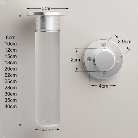 Adjustable Acrylic Furniture Legs 4 Piece Set With Screws, 15 Cm Height, showing dimensions and mounting plate details