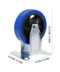 Heavy Duty Five Inch Fixed Workbench Caster Wheels With Premium Black Rubber Tires For Rock Solid Industrial Cart Rolling And Dead Quiet Smooth Glide, blue rubber wheel with metal mount.