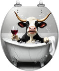 Round Toilet Seat Resin for Farmhouse Bathroom featuring a cow in a bathtub holding a wine glass, with bubbles and a whimsical design.