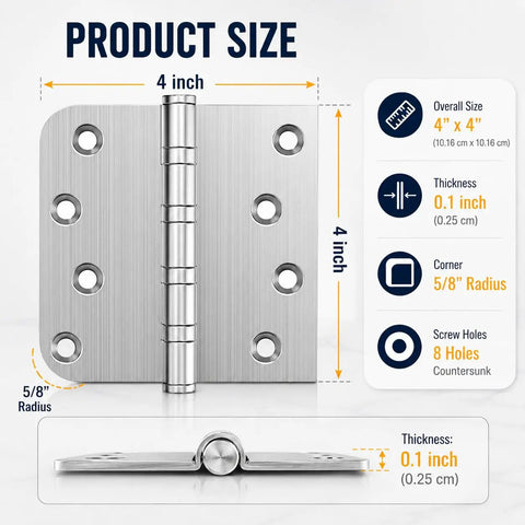 4x4 Inch Door Hinges With Ball Bearing, Built To Last, Stainless Steel, Brushed Nickel Finish, Smooth Quiet Operation, Square And Five Eighths Inch Radius Corners, 3 Pack