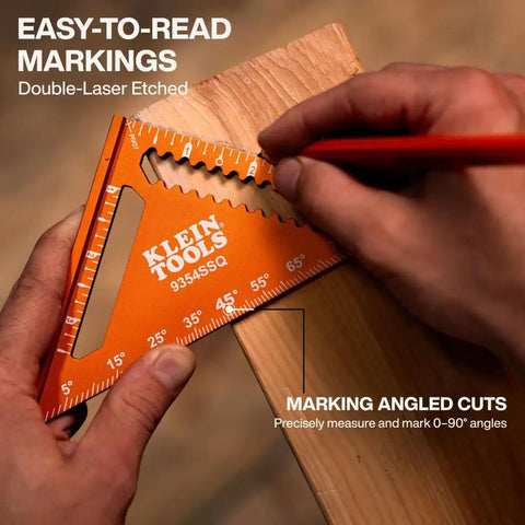 4-1/2 Inch Aluminum Trim Square With Dual Reference Base And Laser-Etched Markings For Rafter And Carpenter Work in use