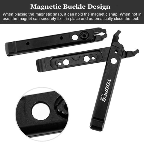 Magnetic buckle design of 4 In 1 Bike Chain Quick Link Tool With Master Link Pliers, Quick Link Opener And Closer, Tire Levers, Chain Hook And Storage Clasp for Mountain Road And BMX Bikes.