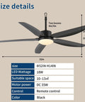 52 inch Outdoor Ceiling Fan with Light, IP65 Waterproof, 6 Speed Remote showing size details and specifications in black design.