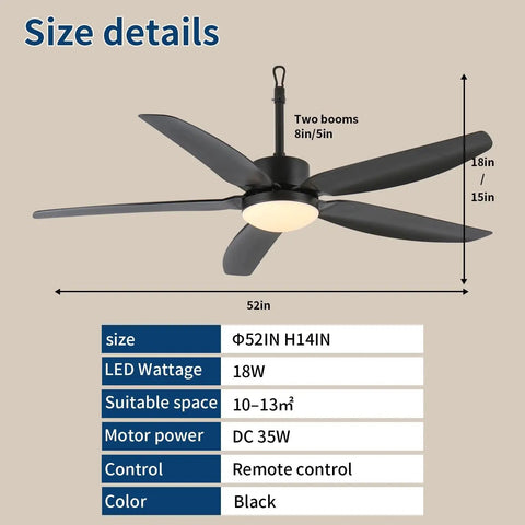 52 inch Outdoor Ceiling Fan with Light, IP65 Waterproof, 6 Speed Remote showing size details and specifications in black design.