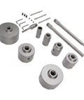 Super Tough Concrete Hole Saw Kit With 7 Pieces Ranging From 30 To 110mm Including Heavy Duty Tungsten Steel Carbide Cutters Plus Three Long Connecting Rods For Electric Hammer Drilling And Smart Dust Removal Vents, shown with cutters and rods