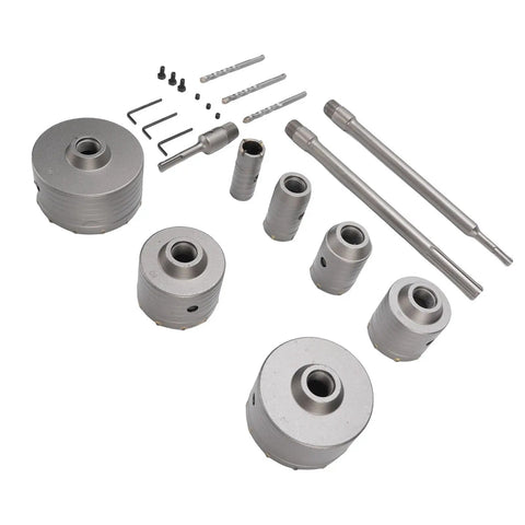Super Tough Concrete Hole Saw Kit With 7 Pieces Ranging From 30 To 110mm Including Heavy Duty Tungsten Steel Carbide Cutters Plus Three Long Connecting Rods For Electric Hammer Drilling And Smart Dust Removal Vents, shown with cutters and rods