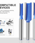 Heavy Duty 4 Piece Flush Trim Router Bit Set with 6Mm Shank And Bearing For Smooth Woodworking On Drawers Cabinets and Custom Projects, showing compatible devices.