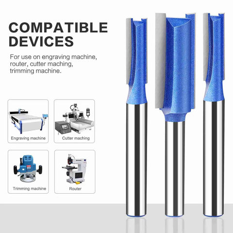 Heavy Duty 4 Piece Flush Trim Router Bit Set with 6Mm Shank And Bearing For Smooth Woodworking On Drawers Cabinets and Custom Projects, showing compatible devices.