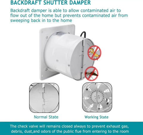 Backdraft shutter damper for 8 Inch Through Wall Exhaust Fan 110V 500 CFM White Built Tough Metal Housing Ideal For Kitchen Bathroom Laundry