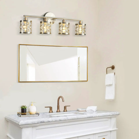 4 Light Bathroom Vanity Light In Brushed Nickel With Cylinder Crystal Shades over a mirror, modern wall lights for luxurious glow.