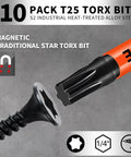 Front view of a 10-pack T25 Torx bit set for impact drivers; S2 steel, 1/4in hex shank, magnetic torque head, Amazon brand