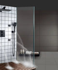 Heavy Duty Black Shower System With 12X8 Inch Rainfall Head Wall Mounted Tub And Shower Trim Kit Featuring 3 Mode Handheld Sprayer Rust Resistant Brass Build For Bathrooms installed in modern shower setting.