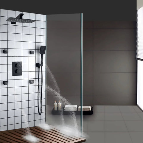 Heavy Duty Black Shower System With 12X8 Inch Rainfall Head Wall Mounted Tub And Shower Trim Kit Featuring 3 Mode Handheld Sprayer Rust Resistant Brass Build For Bathrooms installed in modern shower setting.