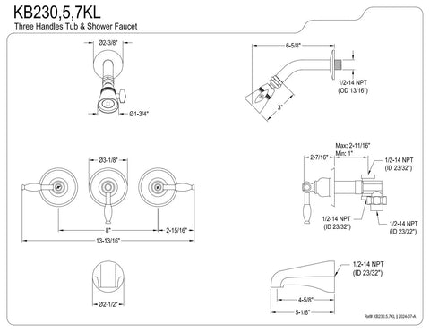 Technical drawing of Three Handle Tub And Shower Faucet in Oil Rubbed Bronze, Heavy Duty Brass Construction, Wall Mount Installation
