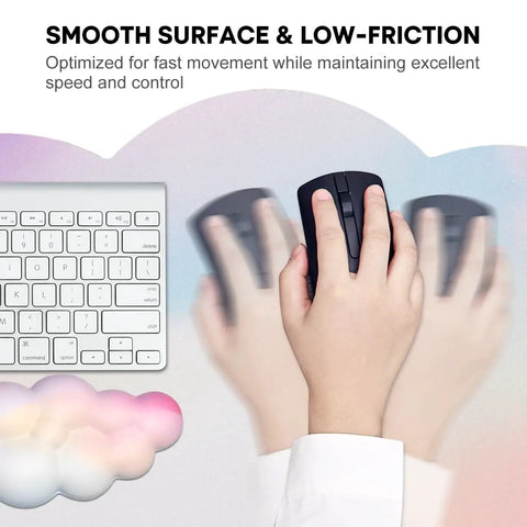 Hand using Rainbow Cloud Mouse Pad Set With Keyboard Wrist Rest And Mouse Wrist Pad Waterproof Large Desk Pad For Keyboard And Mouse Ergonomic 35.4 By 15.7 Inch Wrist Support Must Have Colorful Rainbow Office Accessory
