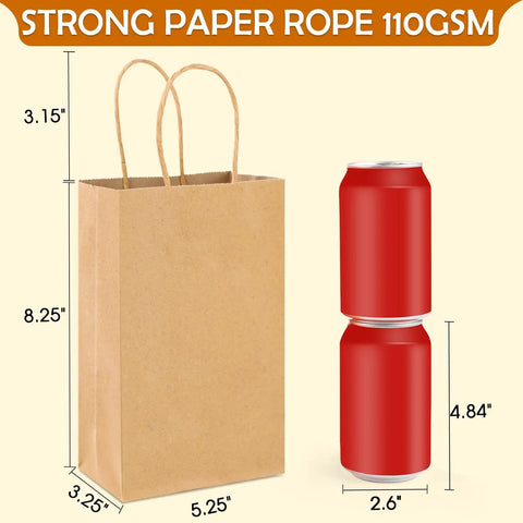 Bulk 200Pcs Kraft Paper Gift Bags With Handy Handles 5.25x3.25x8.25 Inches Durable Brown Gift Wrap Bags For Small Business Birthday Favors Shopping Retail Use Perfect For Party Favors And Bulk Packaging For Retail Shops next to soda cans for size comparison.