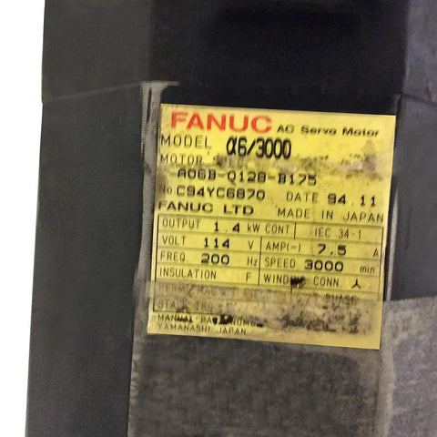 A06B-0128-B175 AC Servo Motor A6 3000 A64 With Brake 1.4 kW 200V 7.5A 3000 RPM nameplate on black motor housing