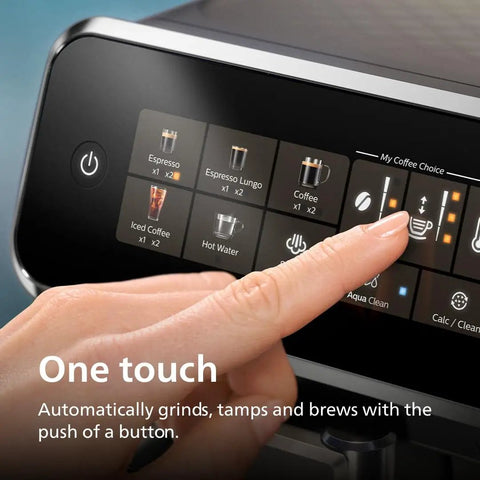 Touchscreen interface of Fully Automatic Espresso Machine With Built In Grinder And Milk Frother, 5 Presets, Glossy Black