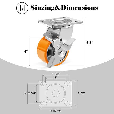 Heavy duty 4 inch industrial caster wheels with brakes showing dimensions