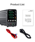 Pro Grade DC Bench Power Supply With Encoder Knob And Memory Recall, OCP Alarm, Adjustable 0 To 30 Volts And 0 To 5 Amps next to cables and manual