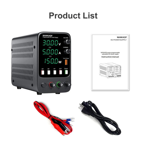 Pro Grade DC Bench Power Supply With Encoder Knob And Memory Recall, OCP Alarm, Adjustable 0 To 30 Volts And 0 To 5 Amps next to cables and manual