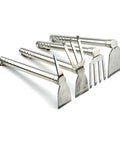 Set of small stainless steel garden hoes, multiple designs for planting and weeding, each lightweight and durable.