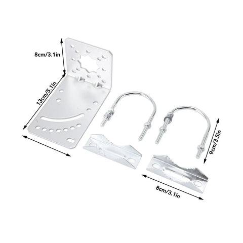 Heavy Duty Iron L Bracket Pole Mount Kit For Satellite Internet Antenna with U-bolts and mount dimensions shown