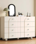 White dresser with 8 Piece Antique Bronze Ceramic Dresser Handles Set For Cabinets And Drawers, showcasing vintage white ceramic knobs.