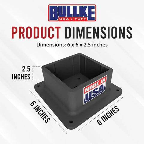 Heavy Duty 4x4 Post Base Bracket Anchor With Rust Free Plastic Deck Skirt And Flange Cover For Wood Posts And Handrail Braces Built Ridiculously Tough In Usa For Yard Work Projects, dimensions shown 6x6x2.5 inches.