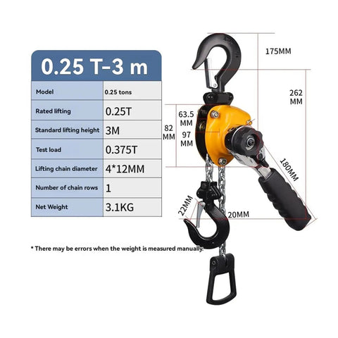 Heavy Duty 0.5 Ton Aluminum Alloy Lever Hoist Crane image showing lifting specifications and dimensions for portable use.