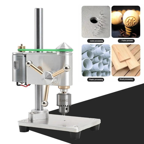 Compact Mini Drill Press Portable Bench Top Electric Tool For Metal Wood Jewelry Diy Crafts Precision Drilling Up To 4500Rpm, side view with adjustable chuck.
