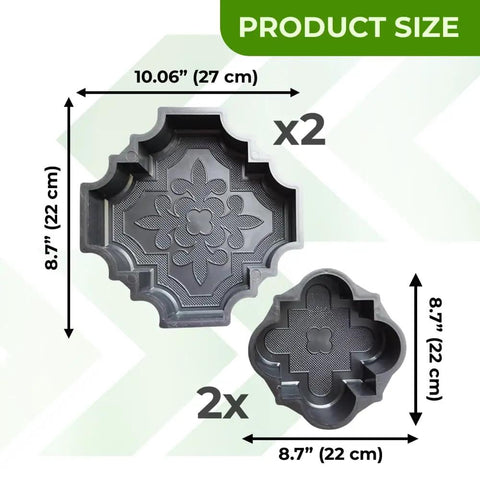 Image showing 4 Piece Pathmaker Concrete Molds Set For DIY Paver Stones And Stepstones Pro Grade Reusable Plastic Cement Molds with dimensions.