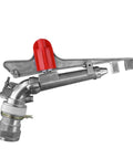 Aluminum alloy heavy duty 2 inch irrigation sprinkler with 360 degree spray coverage for big lawns and crops, side view.