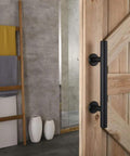 All New 12 Inch Sliding Barn Door Handle Pull And Flush Hardware Set With Flat Back Plate In Rustic Black installed on door