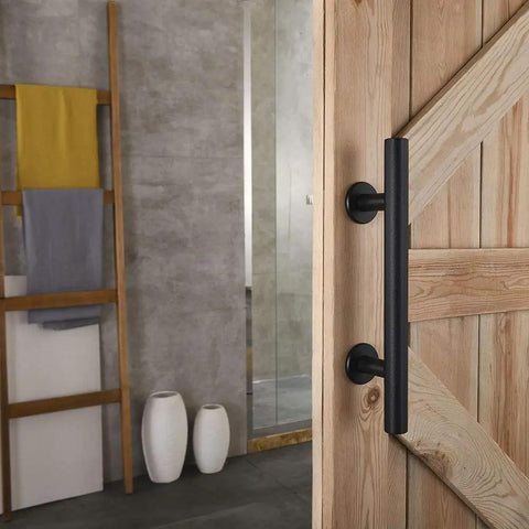 All New 12 Inch Sliding Barn Door Handle Pull And Flush Hardware Set With Flat Back Plate In Rustic Black installed on door
