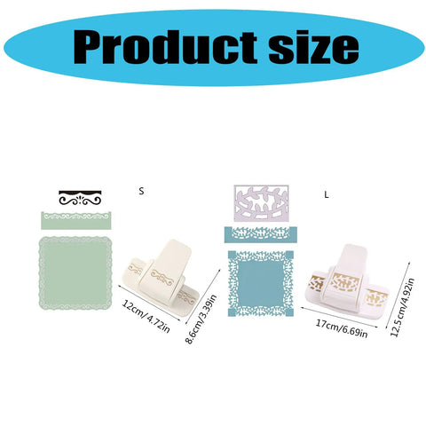 Image shows the size comparison of All In One Border Punch Embossing Tool for scrapbooking with measurements and design details.