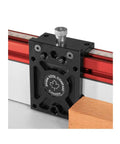 Heavy Duty Adjustable Router Table Fence Stop Crafted From Solid Anodized Aluminum with precision mounting on router track.