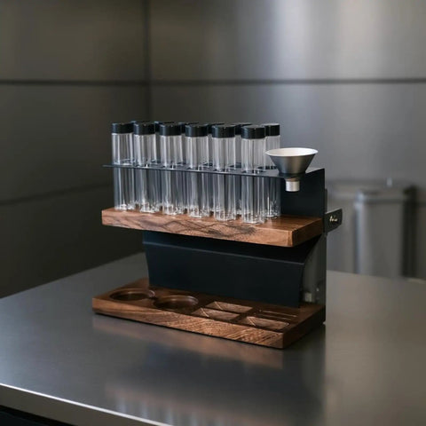 Heavy Hitter Coffee Bean Storage Rack With Twelve Clear Glass Bottles And Solid Wood Base on a counter, organized design.