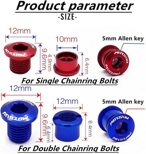 Beefy 7075 T651 Chainring Bolts Kit For Road And MTB, CNC Machined Precision, showing sizes 4.9mm and 6.4mm single and double bolts.