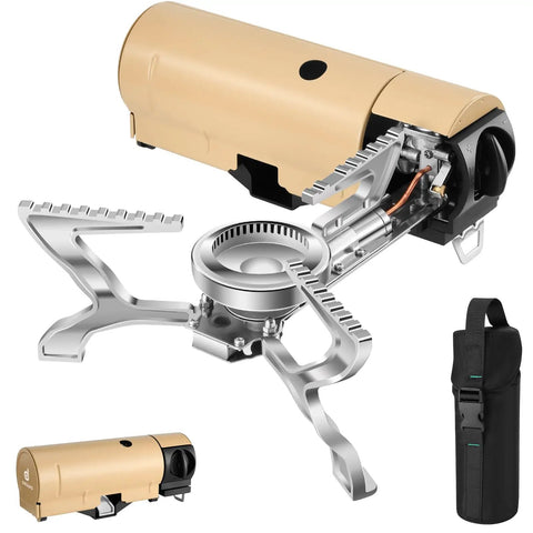 Go To Portable Camping Stove 1400W Butane Collapsible Backpacking Stove with folding pot supports and carrying case.