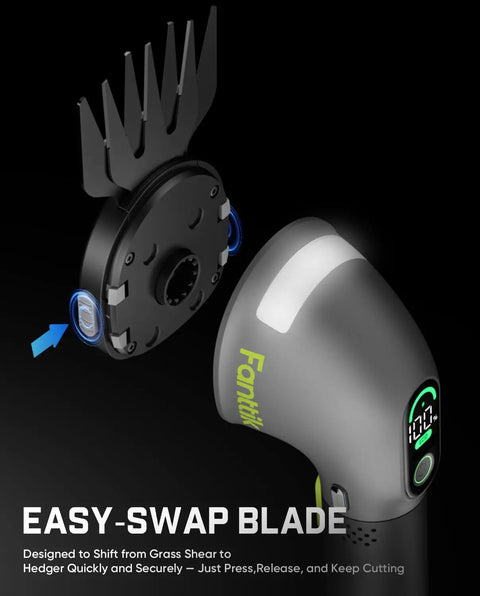 Close-up of Z10 Pro Cordless Hedge Trimmer With 6 Inch Shrubbery Trimmer And 3.5 Inch Grass Shear Quick Swap Dual Mode.