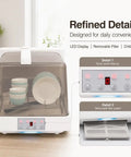 Portable Countertop Dishwasher Handles No Fuss Cleanup Like A Champ For Apartments And Dorms Featuring Six Quick Wash Cycles One Point Six Gallon Tank And Swivel Spray Arms Deliver Pristine Dishes Daily With Super Convenient Air Dry Option showing LED display and removable filter.