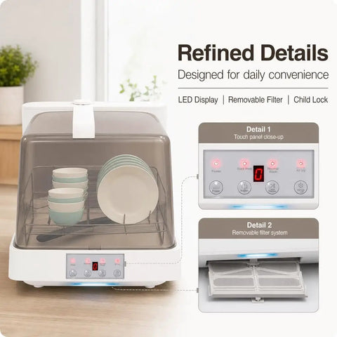 Portable Countertop Dishwasher Handles No Fuss Cleanup Like A Champ For Apartments And Dorms Featuring Six Quick Wash Cycles One Point Six Gallon Tank And Swivel Spray Arms Deliver Pristine Dishes Daily With Super Convenient Air Dry Option showing LED display and removable filter.