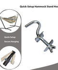 Heavy Duty Hammock Hook Replacement For Stands With 1.5 Or 1.66 Or 1.89 Inch Poles, Three Eighths Inch Shaft, Galvanized Iron, 500 Lb Capacity, Wing Screw Design, Tool Free Install, 2 Pack shown with quick-setup visuals.