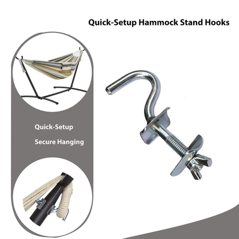 Heavy Duty Hammock Hook Replacement For Stands With 1.5 Or 1.66 Or 1.89 Inch Poles, Three Eighths Inch Shaft, Galvanized Iron, 500 Lb Capacity, Wing Screw Design, Tool Free Install, 2 Pack shown with quick-setup visuals.