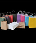 Colorful Handle Kraft Paper Bags set of 50 or 100 featuring rose red and other colors, durable kraft paper with sturdy handles, eco-friendly