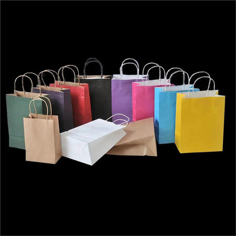 Colorful Handles Kraft Paper Bags Set Of 50 Or 100 Pack For Shopping, Wedding And Party Packaging With Sturdy Handles Rose Red, 21 X 14 X 27 Cm, Eco Friendly Recyclable Material Premium Look on display